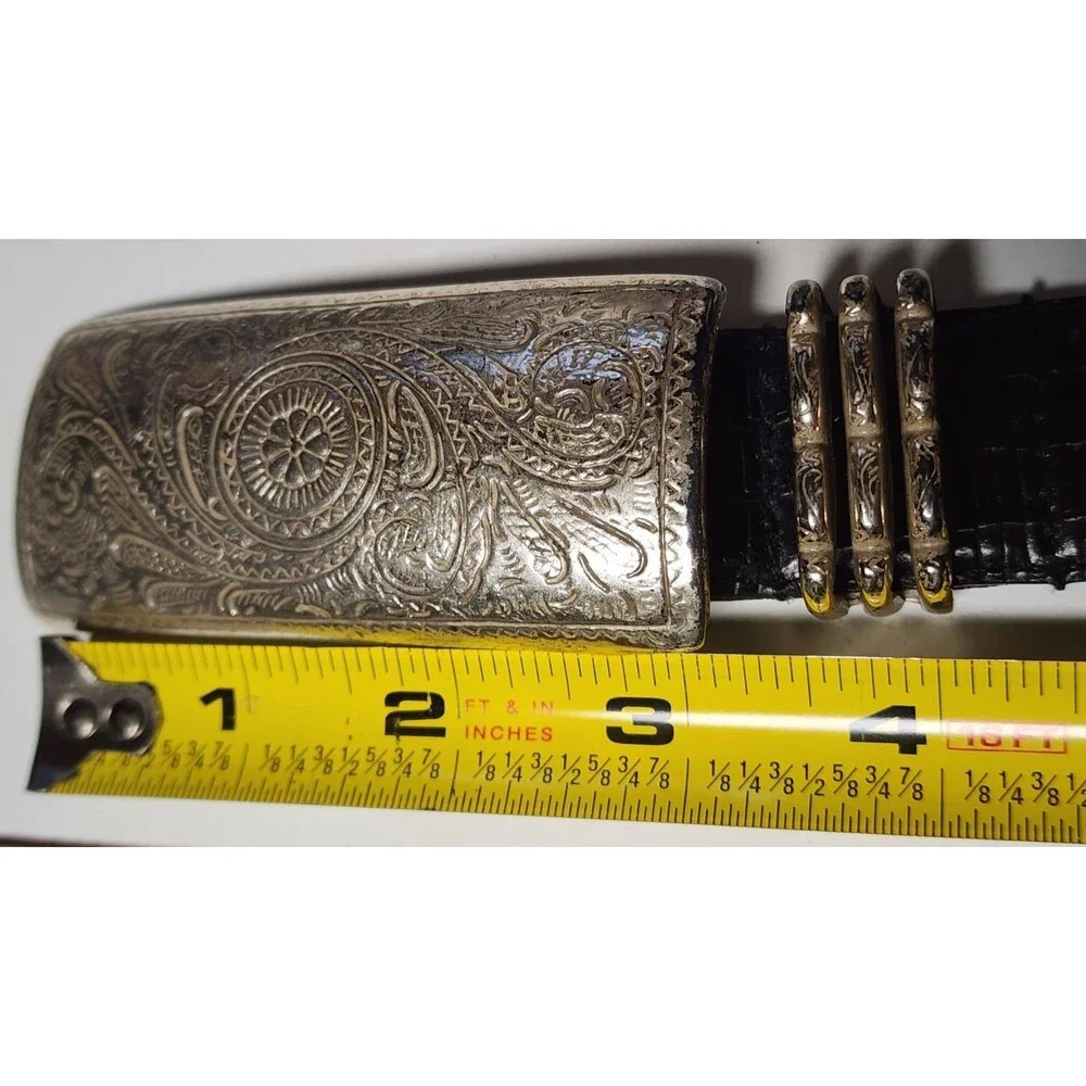 Black Leather Belt Silver Buckle Size 34